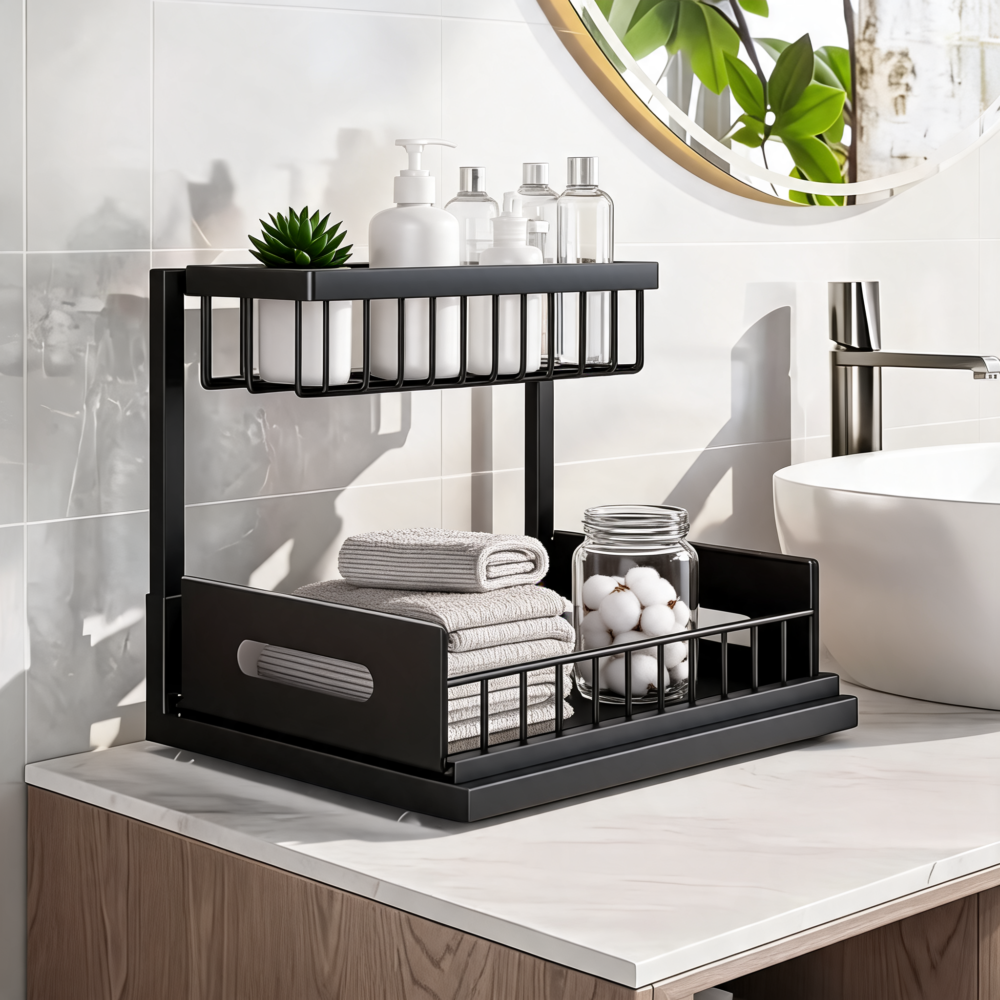 Black 2-tier pull-out organizer holding towels and toiletries on a bathroom vanity